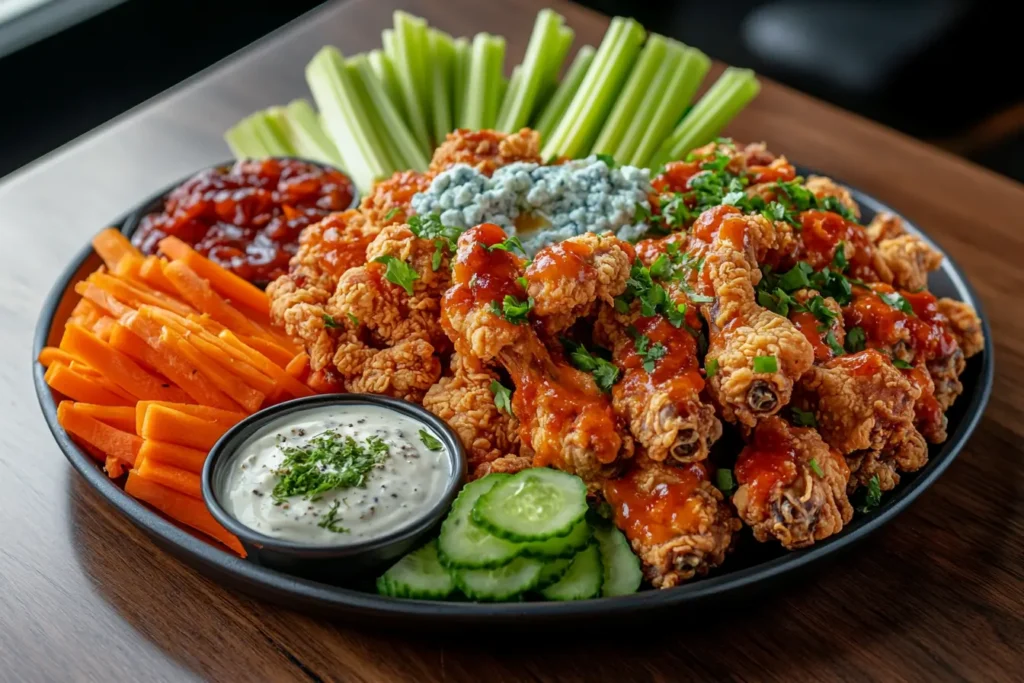 Air fryer frozen chicken wings served with dips, celery, and carrots