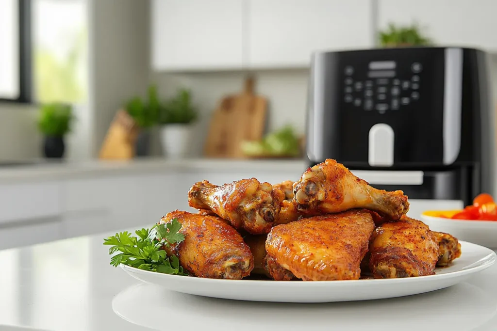 Crispy air fryer frozen chicken wings on a plate in a modern kitchen