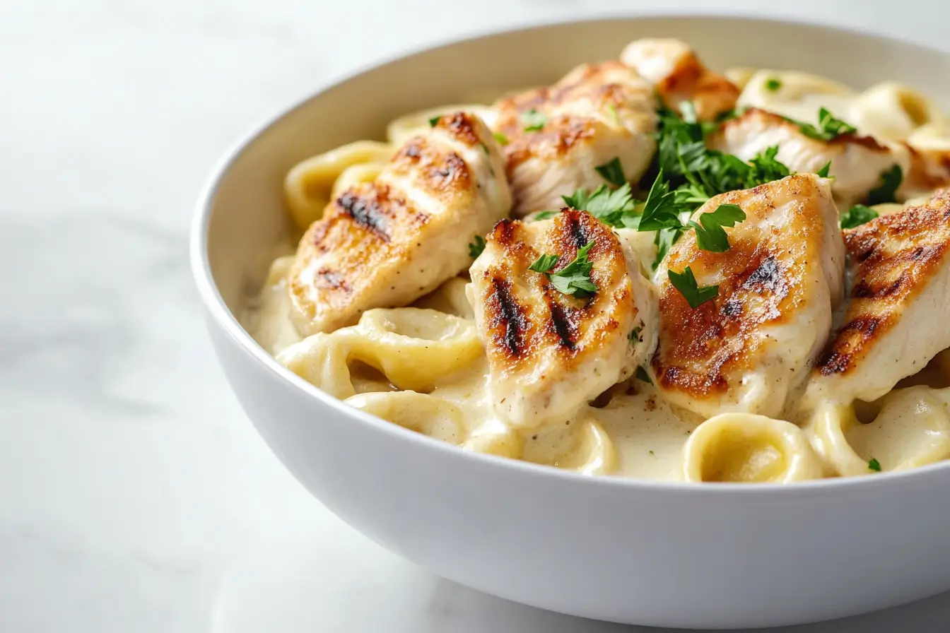 Creamy Asiago Tortelloni Alfredo served in a white bowl with grilled chicken on top.