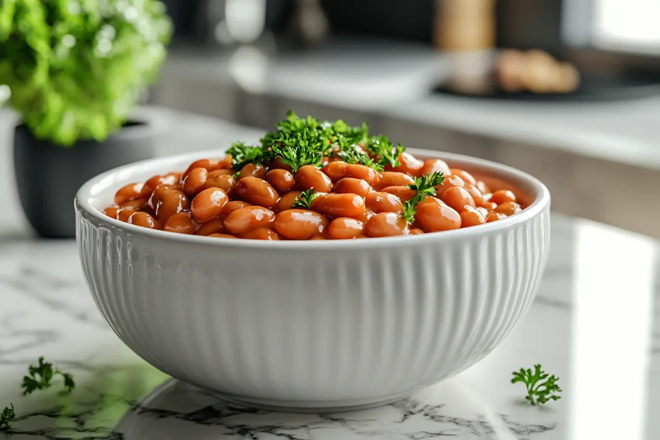 Stylish presentation of baked beans in a white ceramic bowl with fresh garnishes in a modern kitchen setting