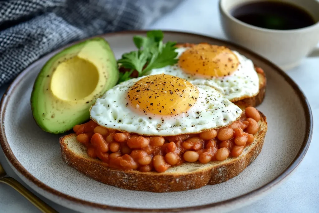 A bowl of baked beans served with fresh bread on a rustic wooden table