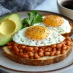 A bowl of baked beans served with fresh bread on a rustic wooden table