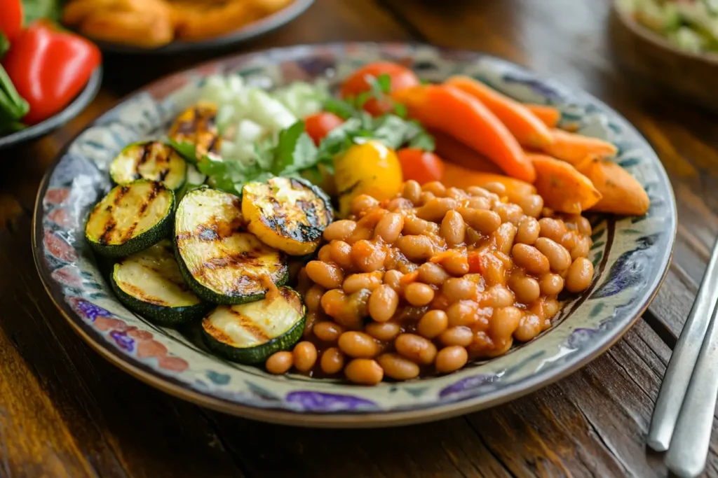 A plate of baked beans served alongside grilled vegetables on a rustic dining table.