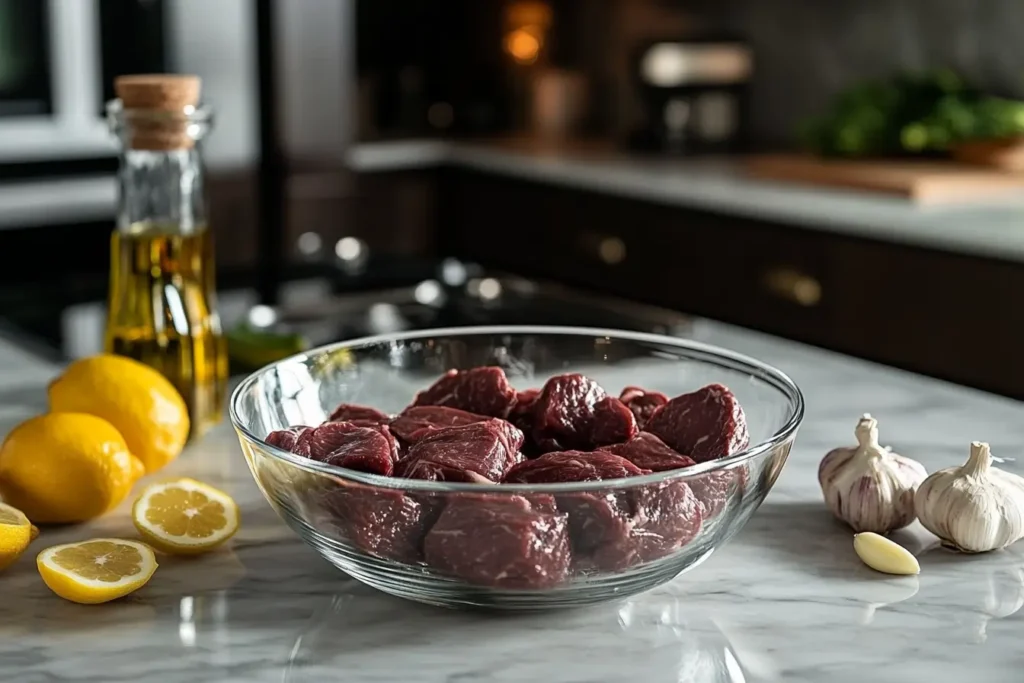 Beef heart marinating in a bowl on a marble countertop in a luxury hotel kitchen