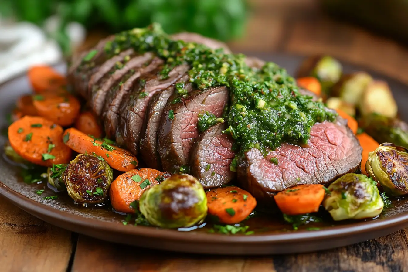 A plated beef heart recipe with roasted vegetables and chimichurri