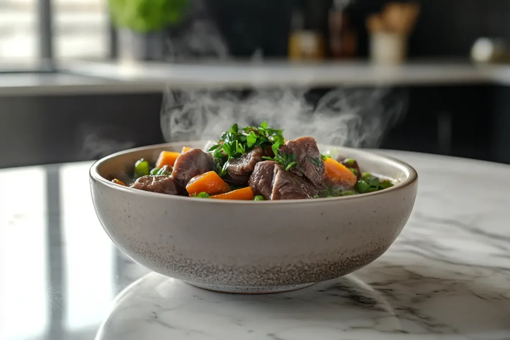 Beef heart stew served in a modern ceramic bowl, garnished with fresh herbs, in a luxurious kitchen setting