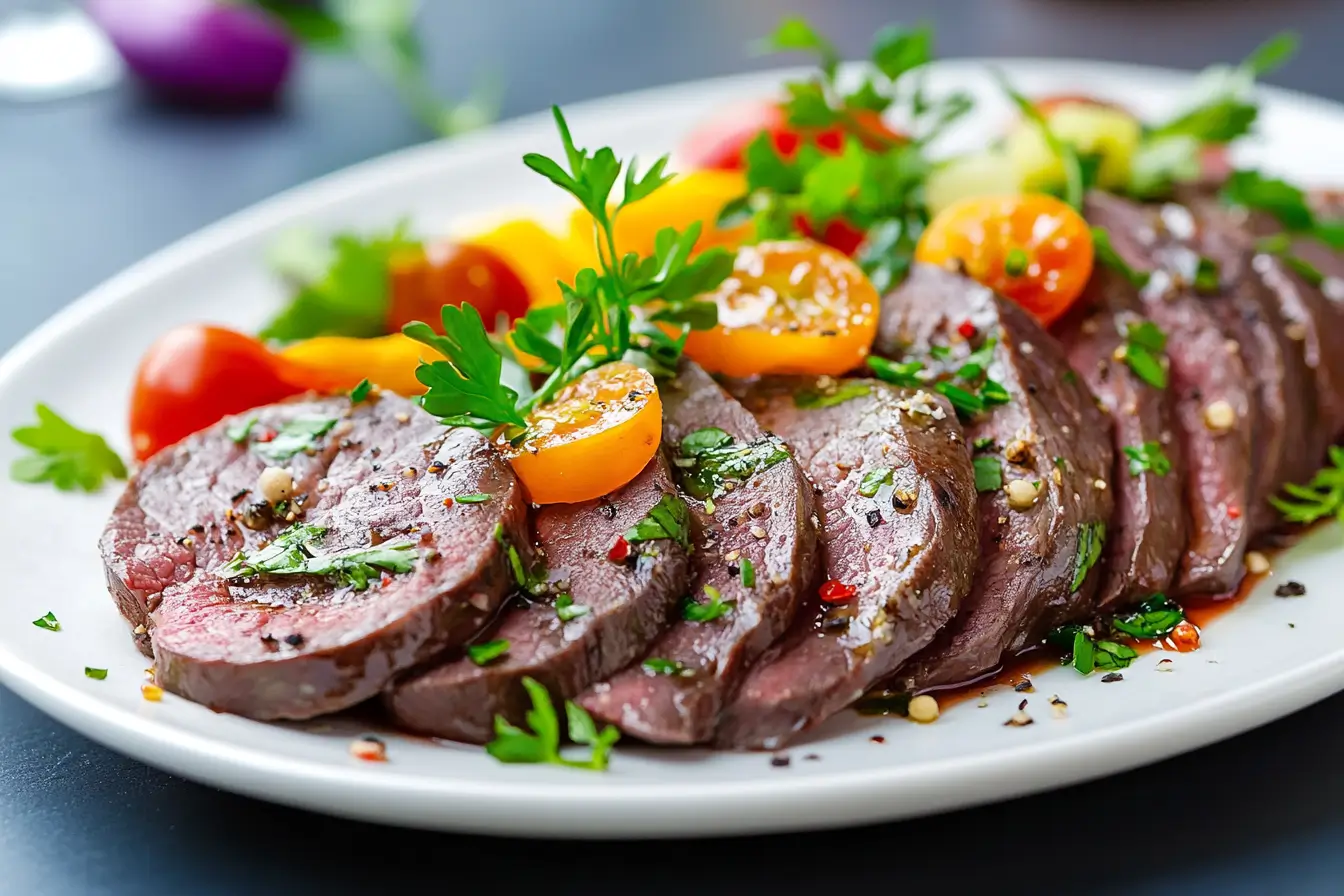 A beautifully plated dish of beef heart slices garnished with fresh herbs and vegetables, placed in a high-end kitchen