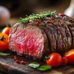 Best beef dish served on a rustic wooden table with colorful sides