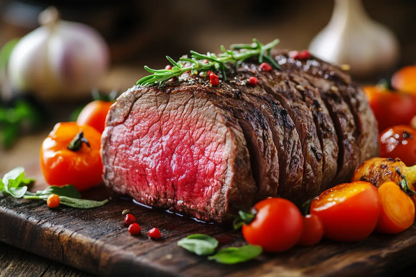 Best beef dish served on a rustic wooden table with colorful sides