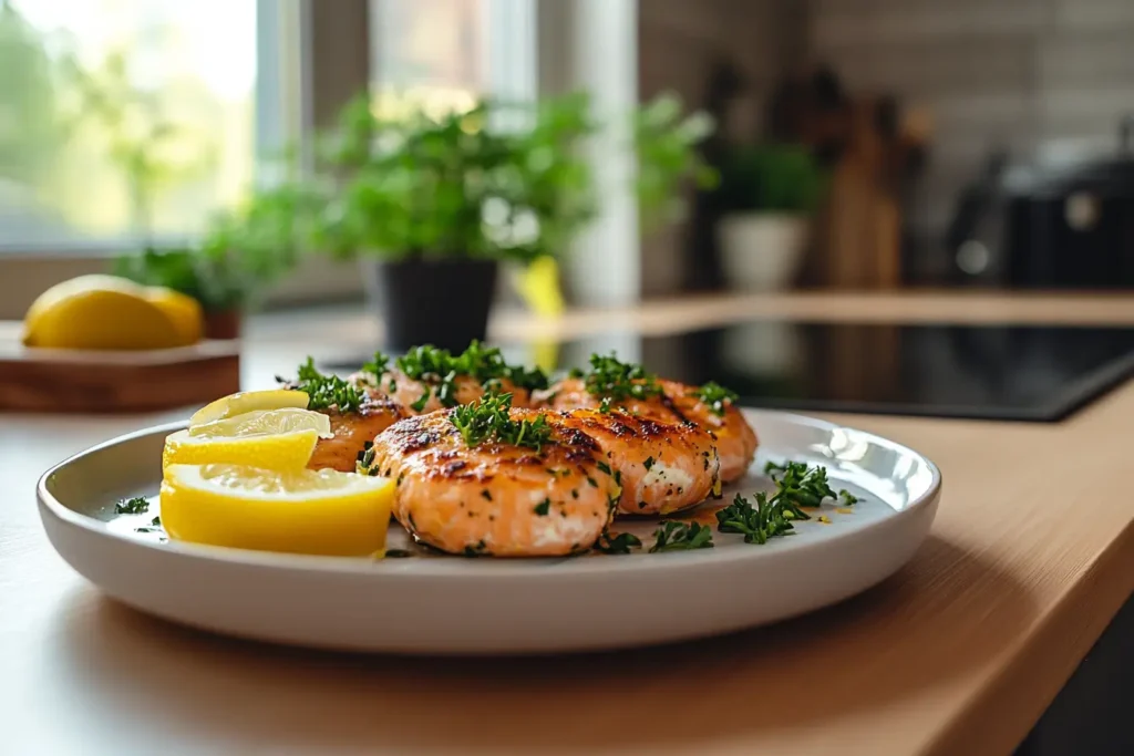 Breadcrumb-free salmon patties served on a white plate with herbs and lemon slices