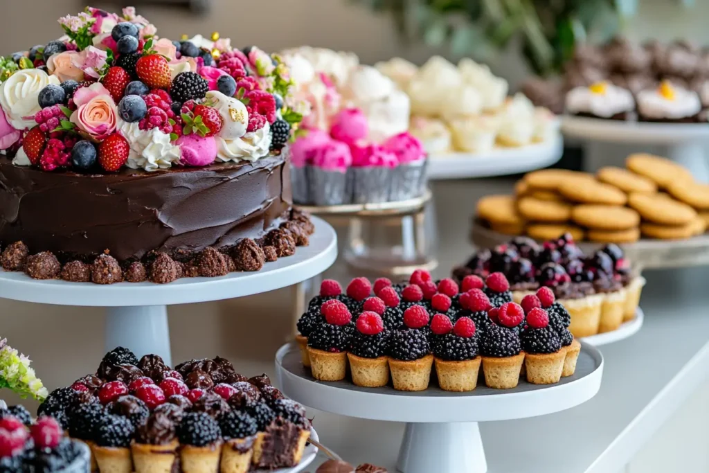 An assortment of common desserts featuring a chocolate cake, cookies, brownies, tarts, and a scoop of ice cream on a stylish dessert table