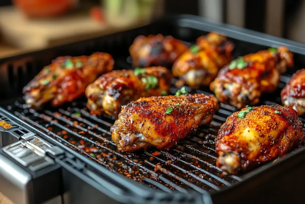 Seasoned chicken wings placed in an air fryer basket on a modern kitchen counter