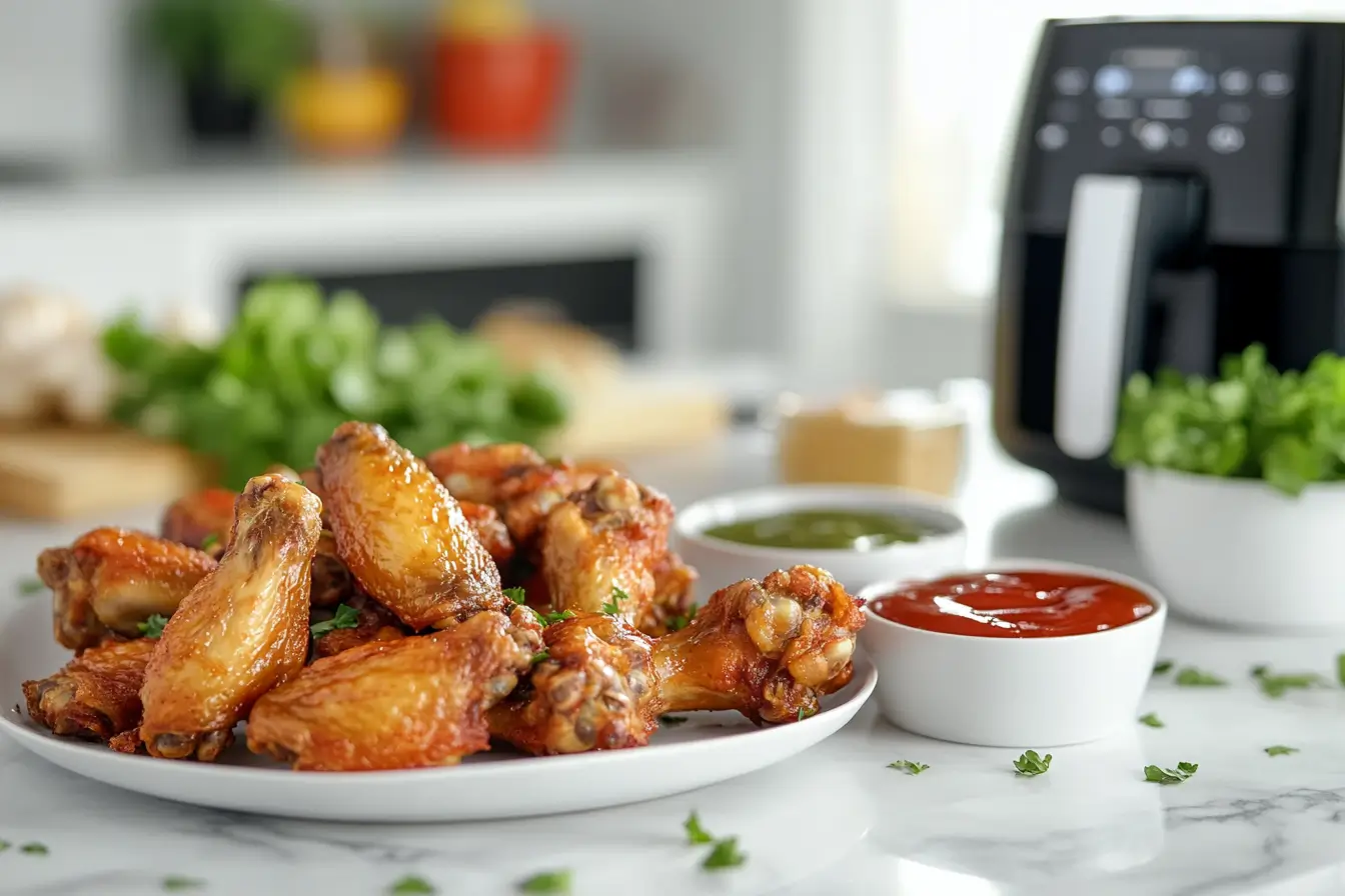 Crispy chicken wings served with dipping sauces in a modern kitchen setting