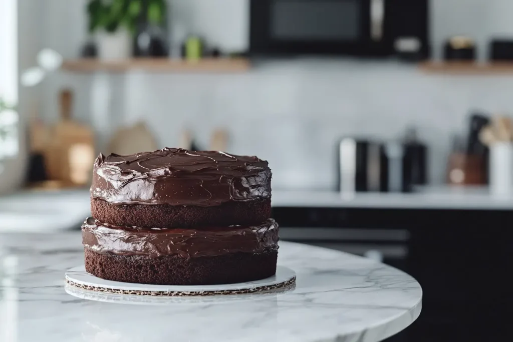 A perfectly baked chocolate cake with glossy chocolate frosting, sliced and served on a white plate