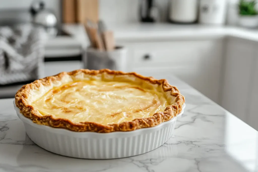 Classic custard pie with golden crust and creamy filling on a modern marble kitchen counter