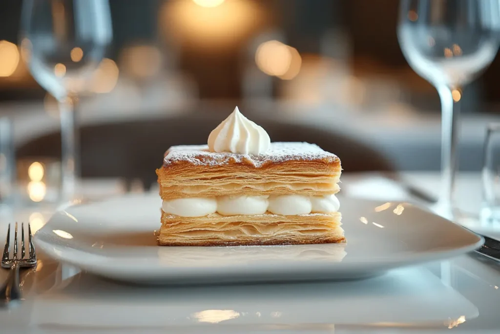 A mille-feuille dessert with layers of puff pastry, cream filling, and sugar icing on top