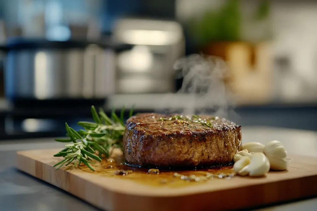 A perfectly seared beef steak resting on a wooden cutting board with garlic, rosemary, and butter, in a modern kitchen.