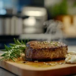 A perfectly seared beef steak resting on a wooden cutting board with garlic, rosemary, and butter, in a modern kitchen.