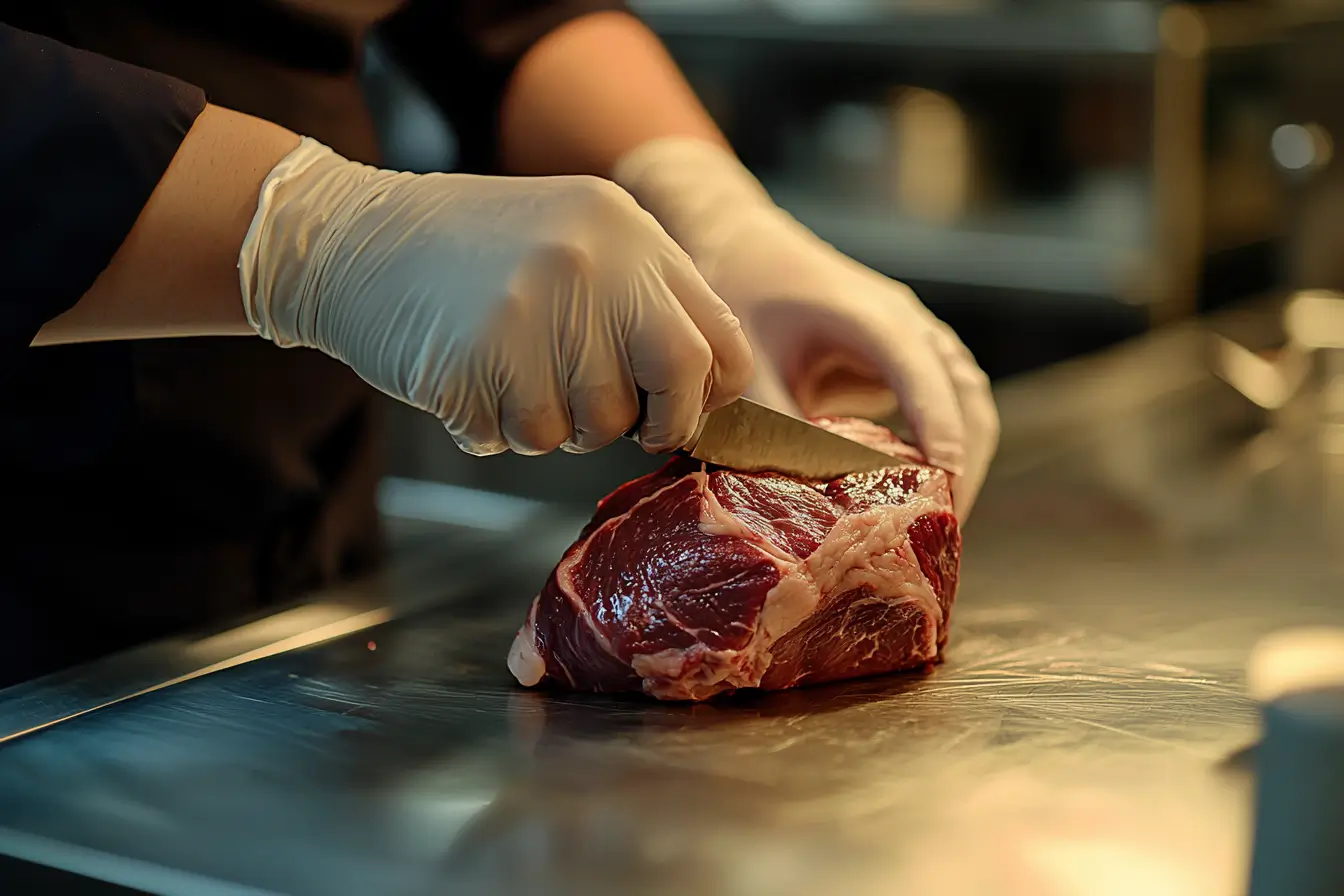 Chef preparing beef heart in a high-end modern hotel kitchen with professional equipment