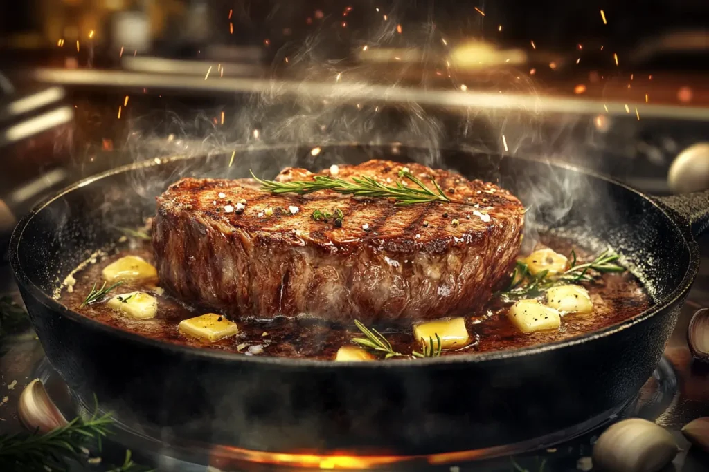 A juicy beef steak being seared in a cast-iron pan with butter, garlic, and rosemary in a sleek, modern kitchen.