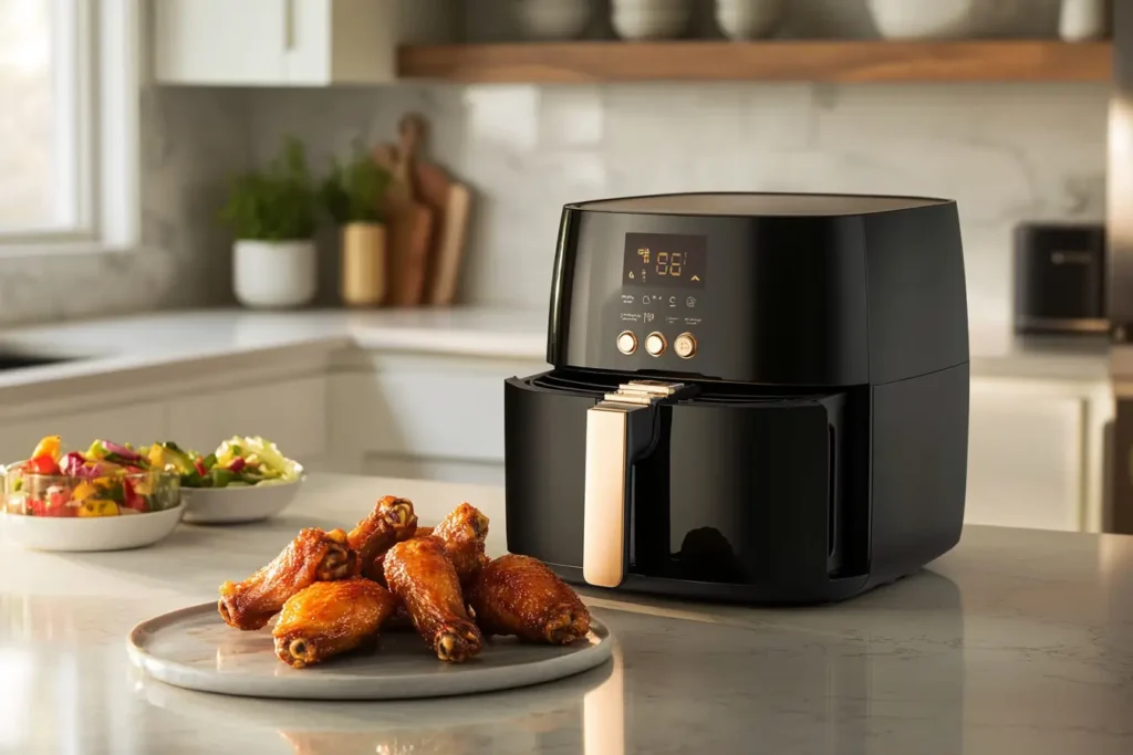 Crispy chicken wings freshly cooked in a modern air fryer on a kitchen countertop