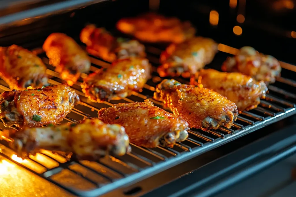 Golden crispy chicken wings baking on a wire rack in a modern kitchen oven