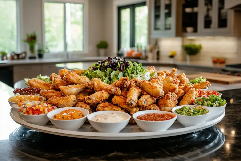 A variety of crispy chicken wings served on a platter in a modern kitchen setting, showcasing different cooking methods