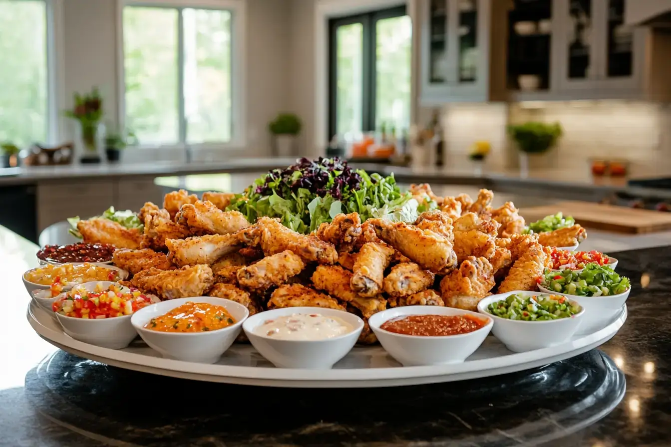 A variety of crispy chicken wings served on a platter in a modern kitchen setting, showcasing different cooking methods