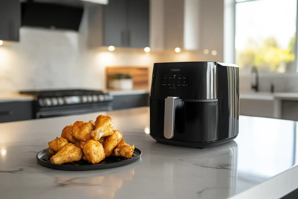 Frozen chicken being cooked in a modern air fryer on a kitchen countertop