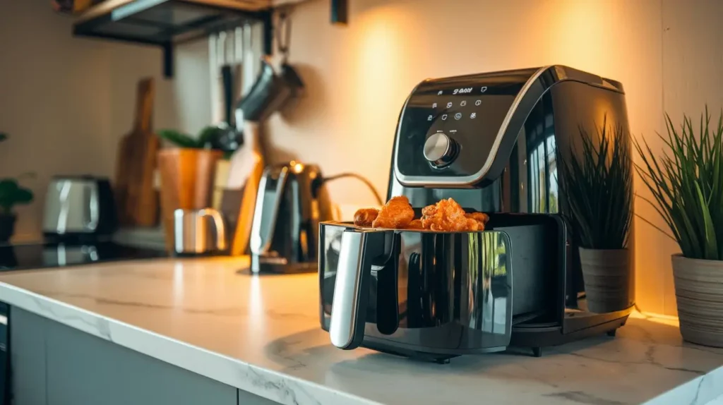 Frozen chicken wings cooking inside a sleek black air fryer in a modern kitchen.