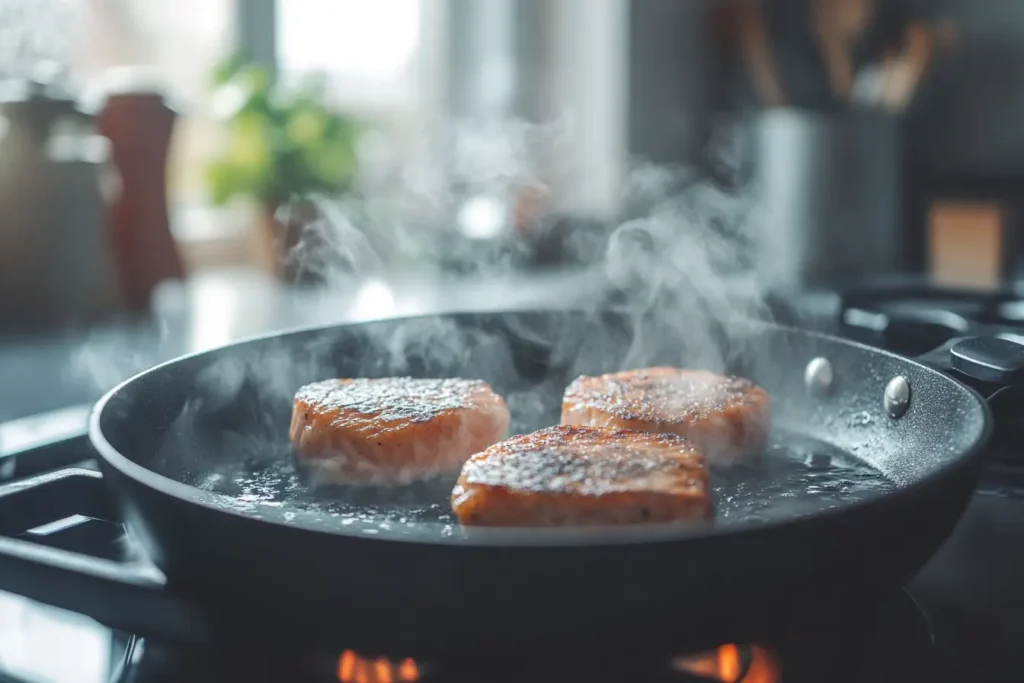 Golden brown salmon patties frying in a non-stick skillet on a stovetop