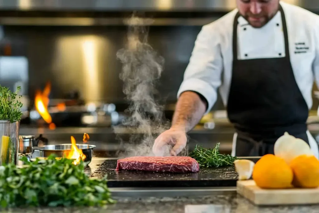 Cooking beef in a modern kitchen with fresh ingredients