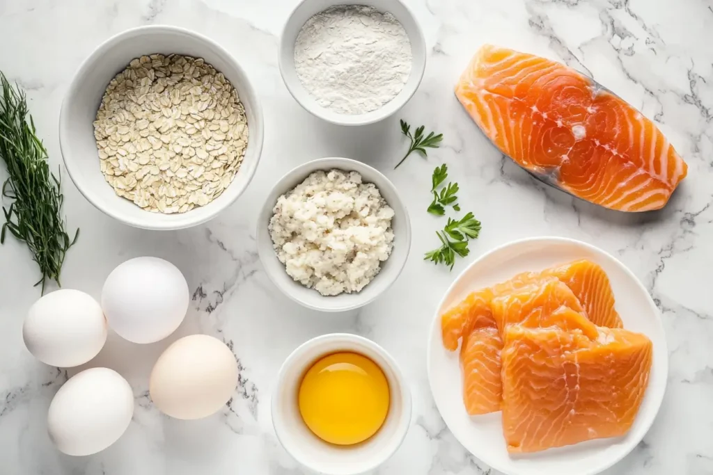 Ingredients and tools for making breadcrumb-free salmon patties on a kitchen counter