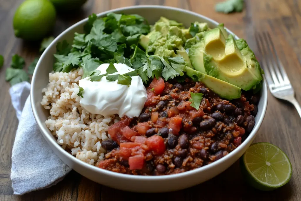 A colorful bowl with black beans, cilantro-lime rice, avocado, salsa, and sour cream.