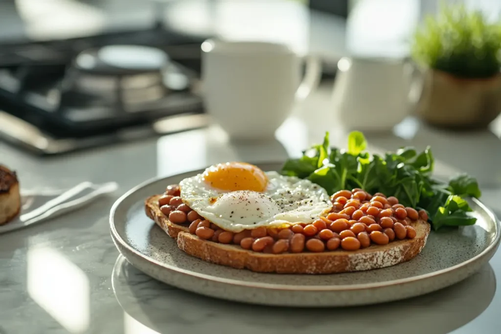 Baked beans on toast, served with eggs and greens on a modern ceramic plate in a stylish kitchen