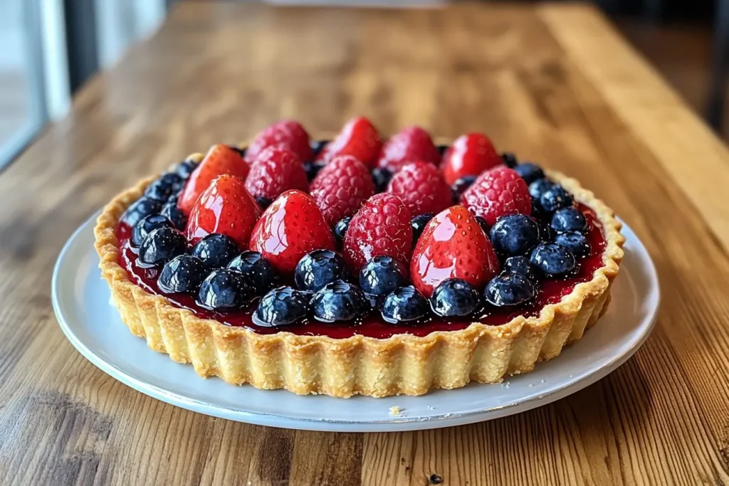 A colorful mixed berry tart with strawberries, blueberries, and raspberries, placed on a rustic wooden table