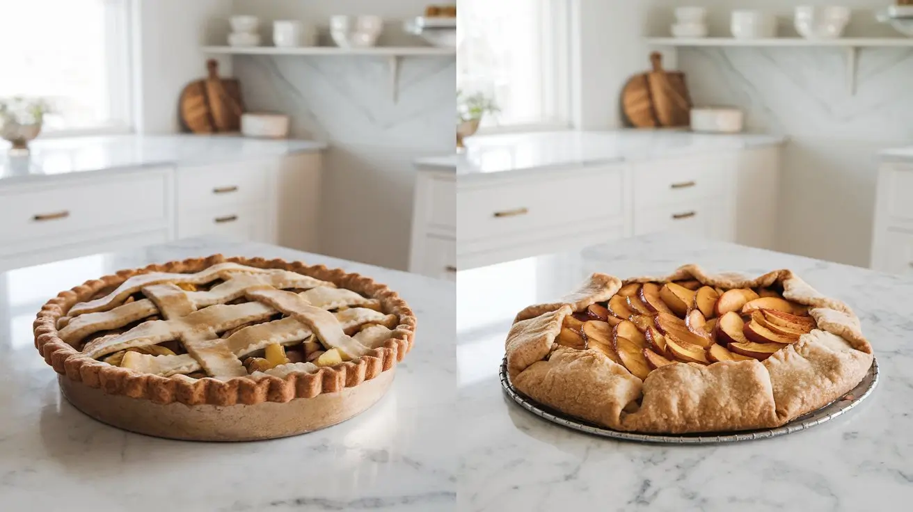 Side-by-side comparison of a traditional pie and rustic galette, each styled to highlight their differences, placed in a bright modern kitchen