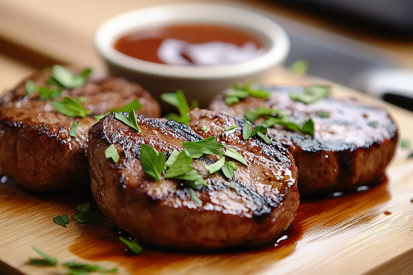 A close-up of a grilled beef heart steak garnished with herbs, presented in a modern kitchen.