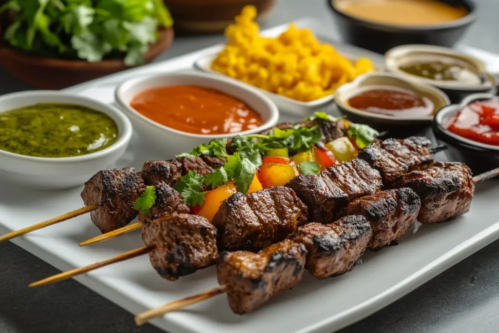 A plate of anticuchos, skewered beef heart slices, presented in a gourmet setting with vibrant garnishes