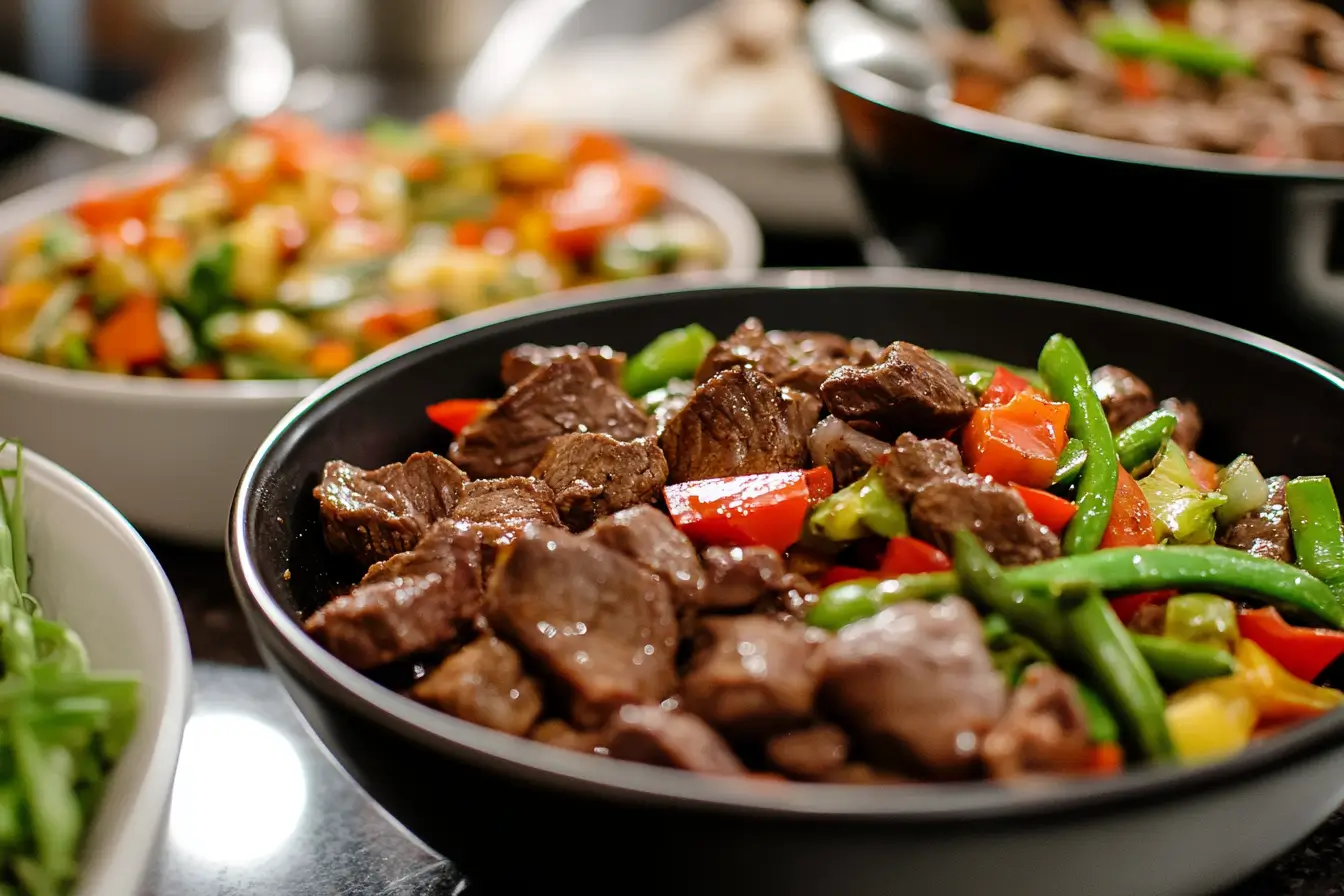 A selection of beef dishes, including stew, stir-fry, and salad, displayed on a modern kitchen countertop