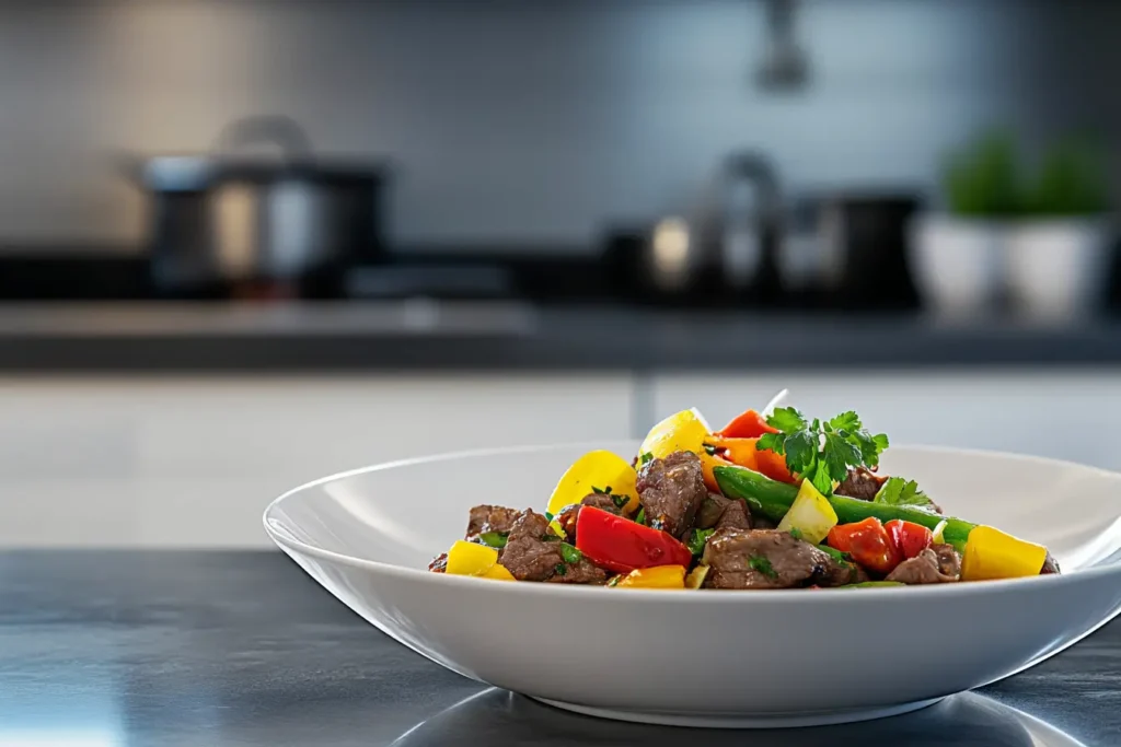 Juicy beef stir-fry with vegetables in a modern kitchen setting.