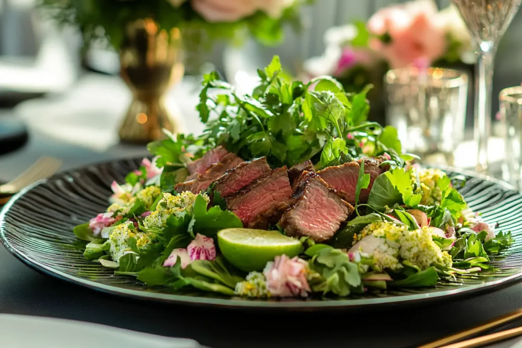 Thai beef salad with fresh herbs and a lime dressing on a stylish dining table.