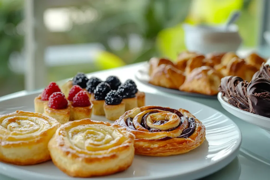 A variety of puff pastry desserts like fruit tarts, palmiers, and chocolate braids displayed elegantly on a modern dining table