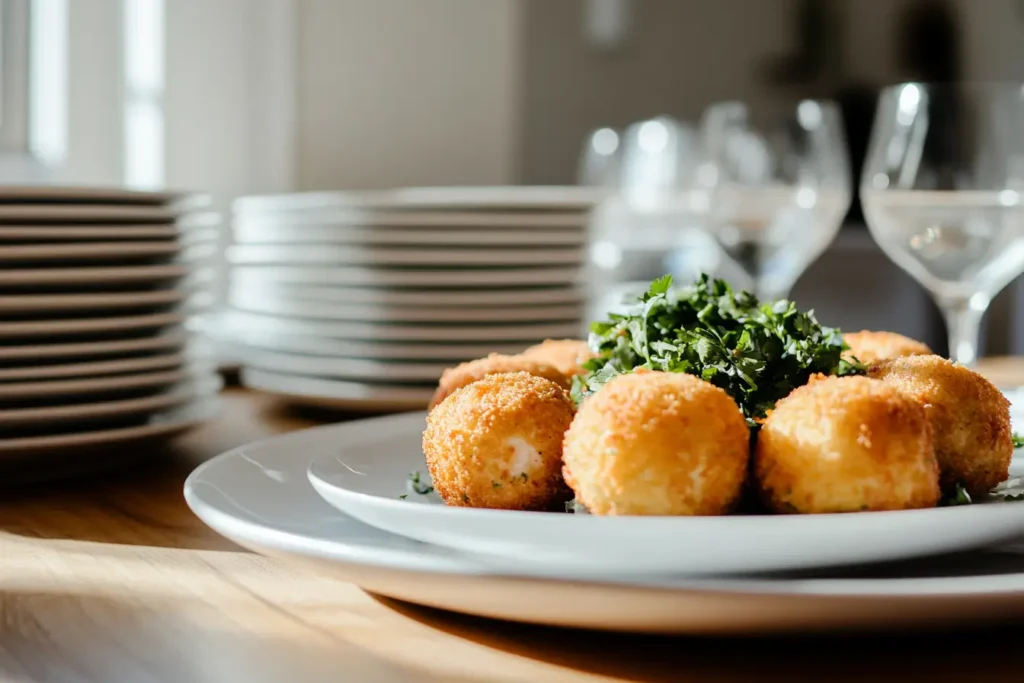 A plate of salmon croquettes with chimichurri sauce on a modern table