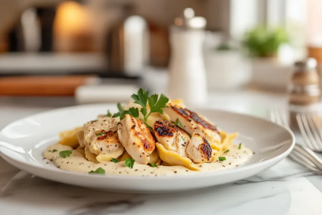 A serving of Asiago Tortelloni Alfredo with grilled chicken, garnished with parsley and served on a modern plate