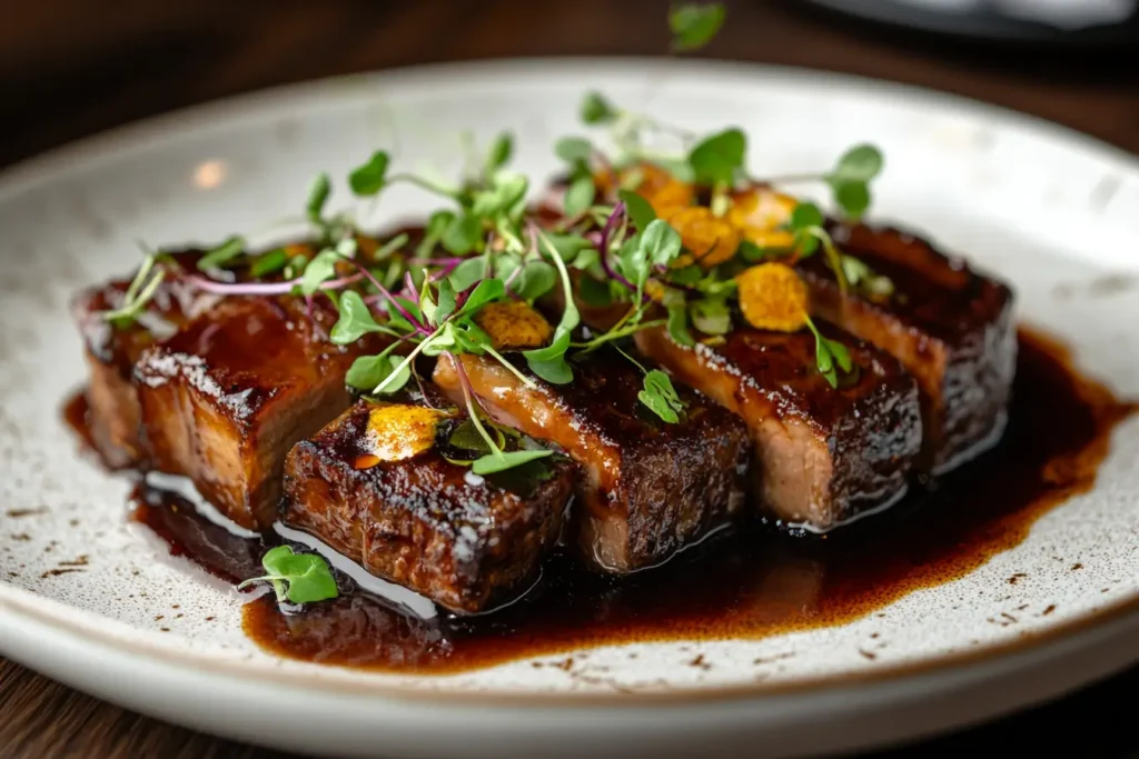 Elegant presentation of the best beef dish on a fine dining plate.