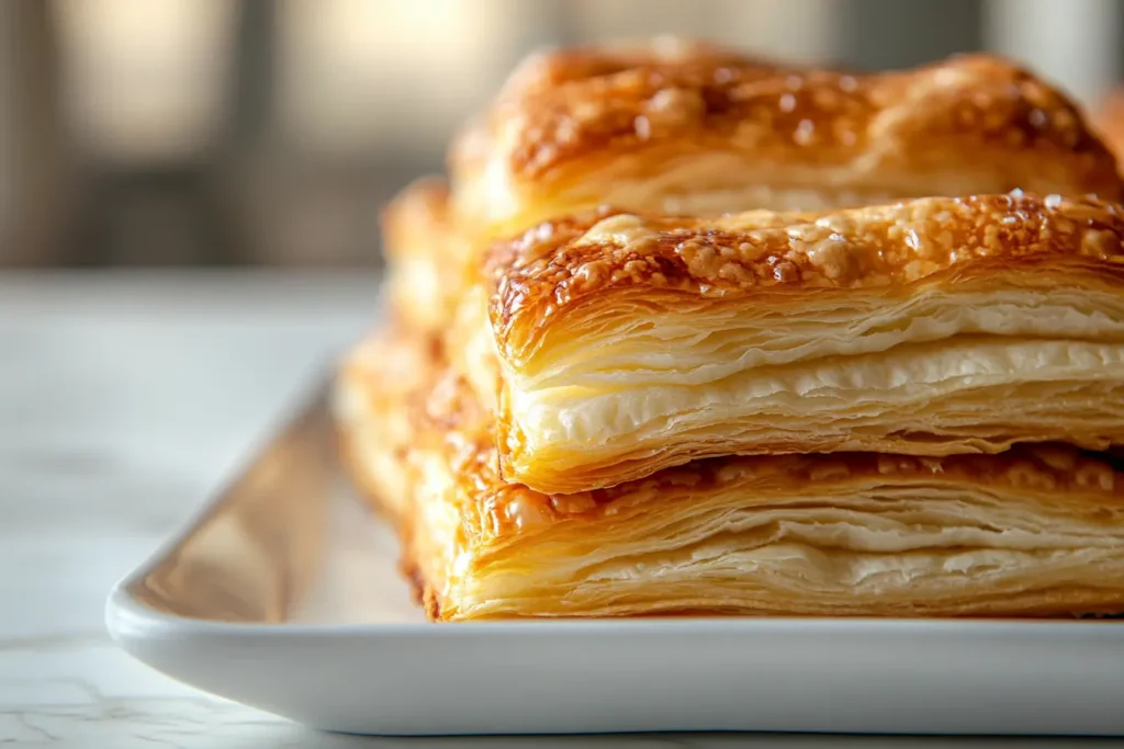 Close-up image of puff pastry layers with a golden, flaky texture