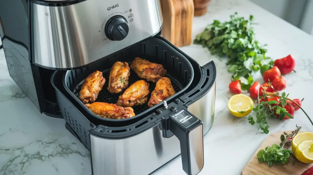 A modern air fryer with crispy chicken wings and seasonings in a stylish kitchen