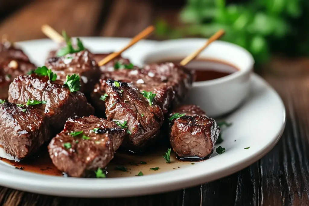 Grilled beef heart skewers on a plate with garlic butter drizzle