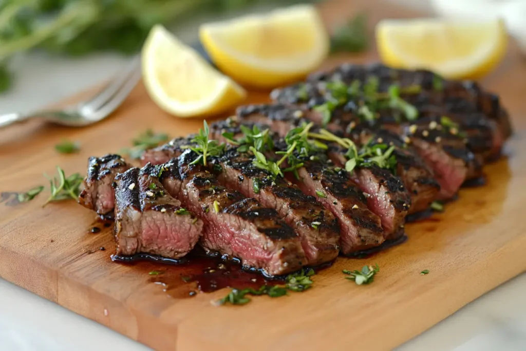 Grilled beef heart steak served on a wooden cutting board with herbs and lemon slices